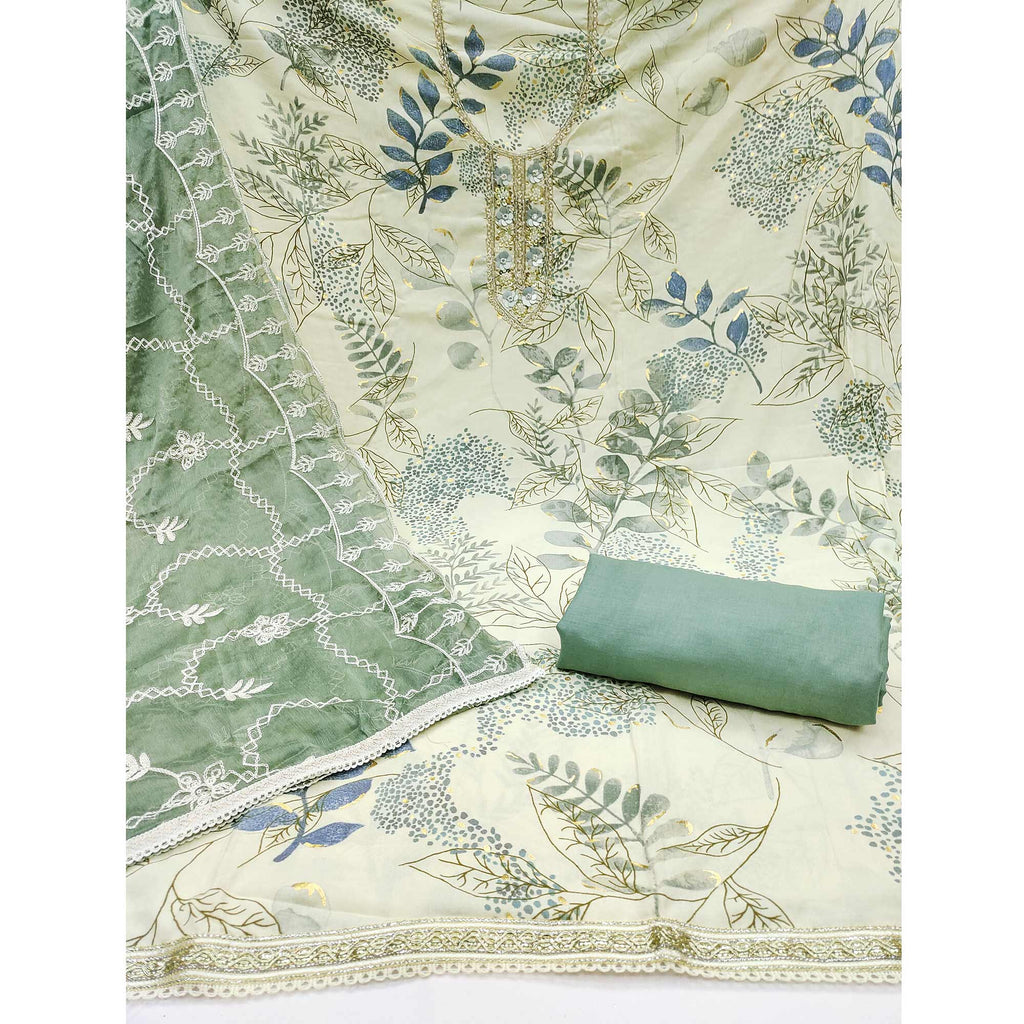 Cream & Green Floral Printed Pure Cotton Dress Material With Intricate Moti & Stones work