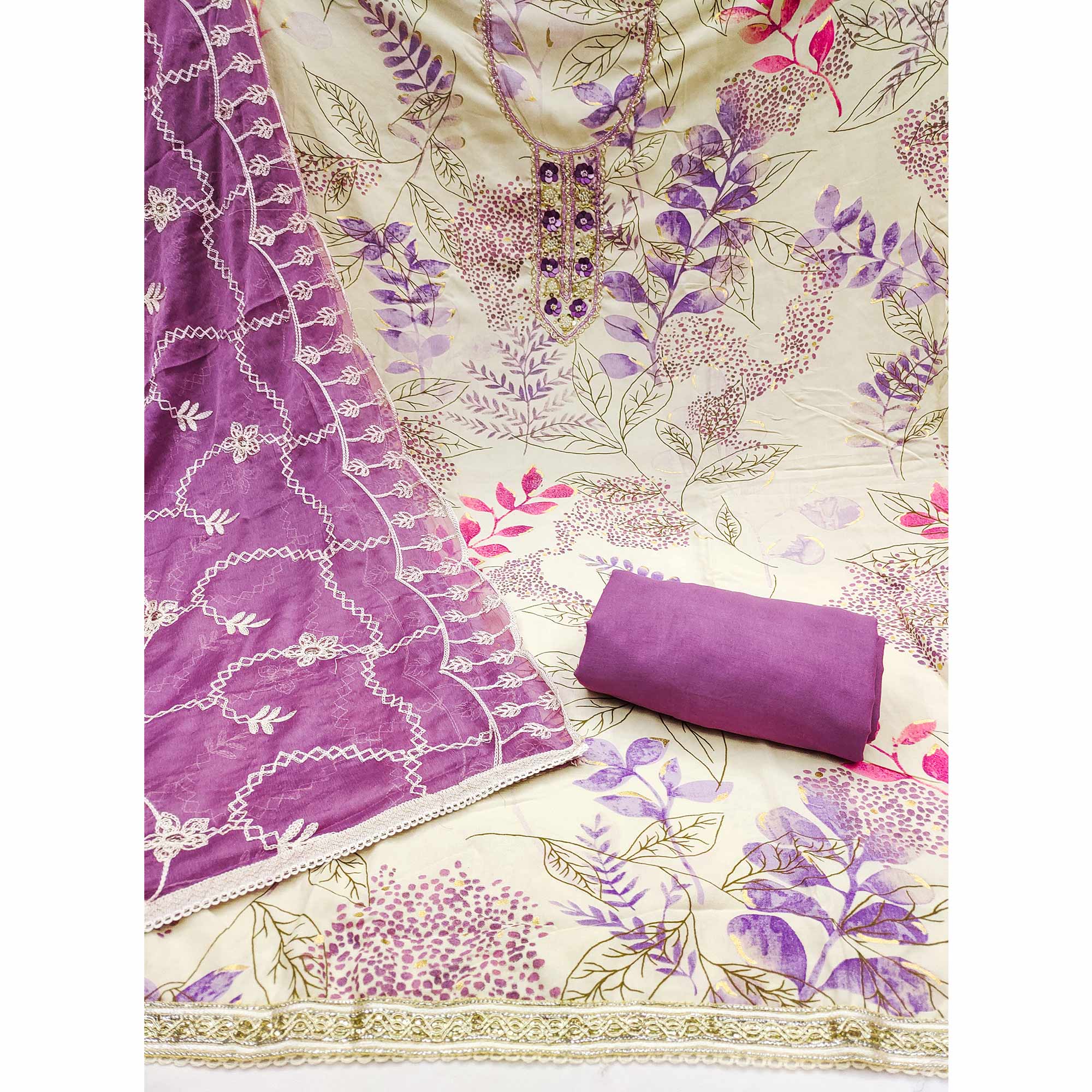Cream & Purple Floral Printed Pure Cotton Dress Material With Intricate Moti & Stones work