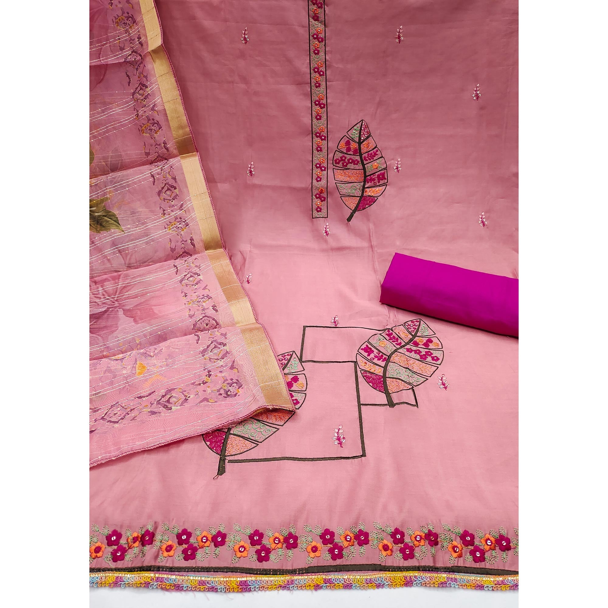 Peach Delight Floral Sequins Embroidered Cotton Silk Dress Material