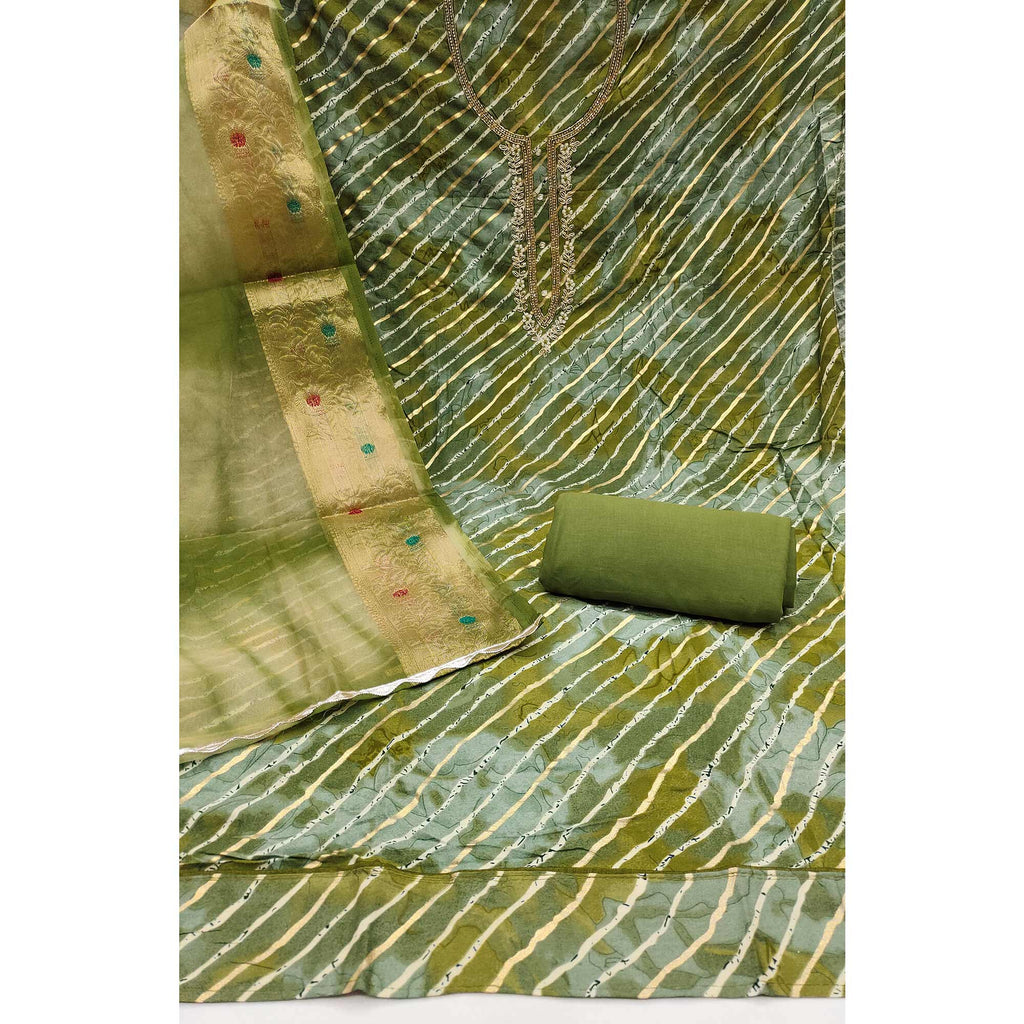 Green Printed With Intricate Moti Handwork Jam Cotton Dress Material
