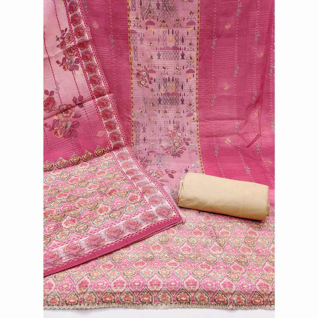 Gajri Pink Digital Printed Viscose Cotton Dress Material With Intricate Moti & Sequins Handwork