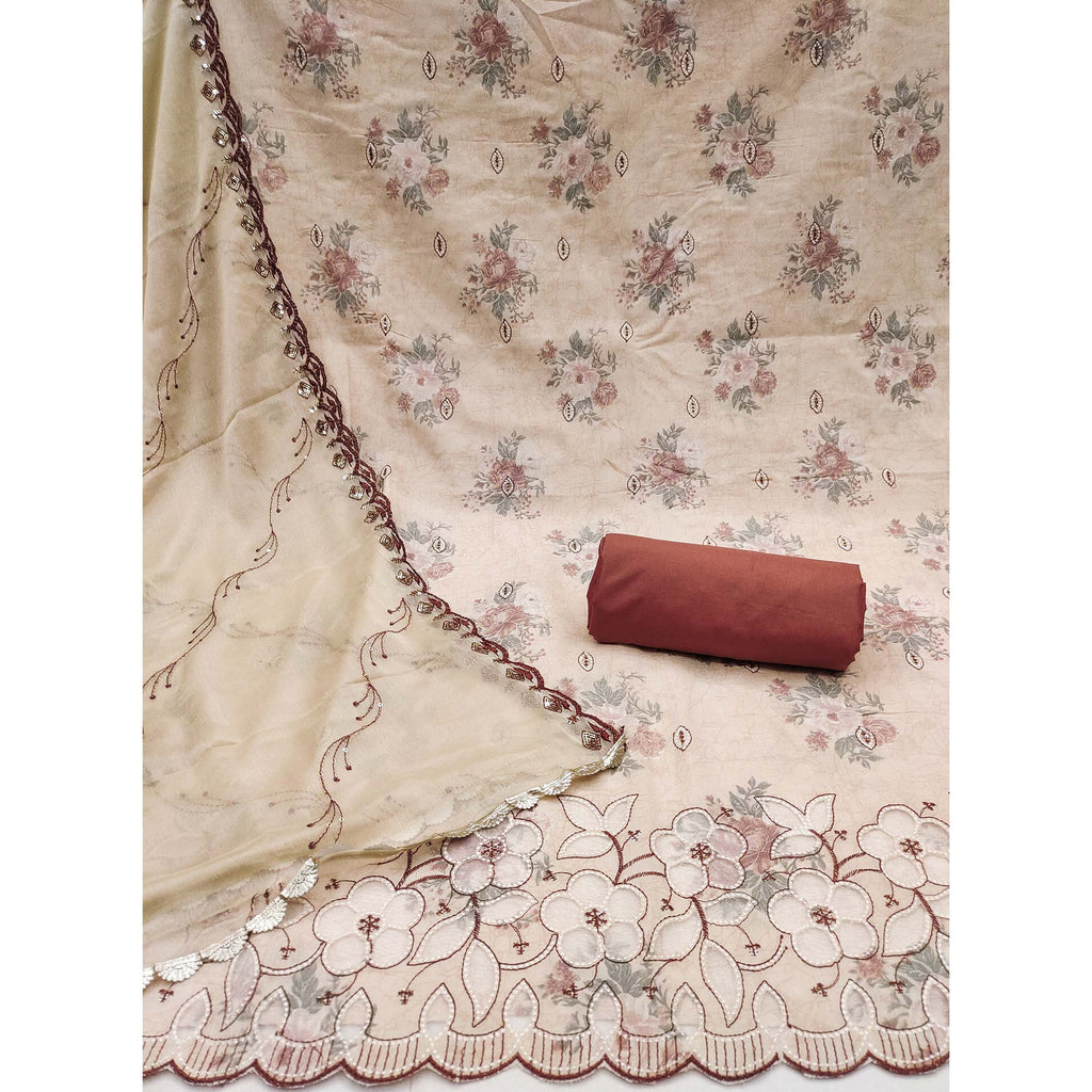 Cream Floral Cambric Cotton Dress Material With Elegant Embroidery Work
