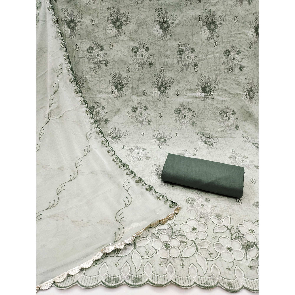 Green Floral Cambric Cotton Dress Material With Elegant Embroidery Work