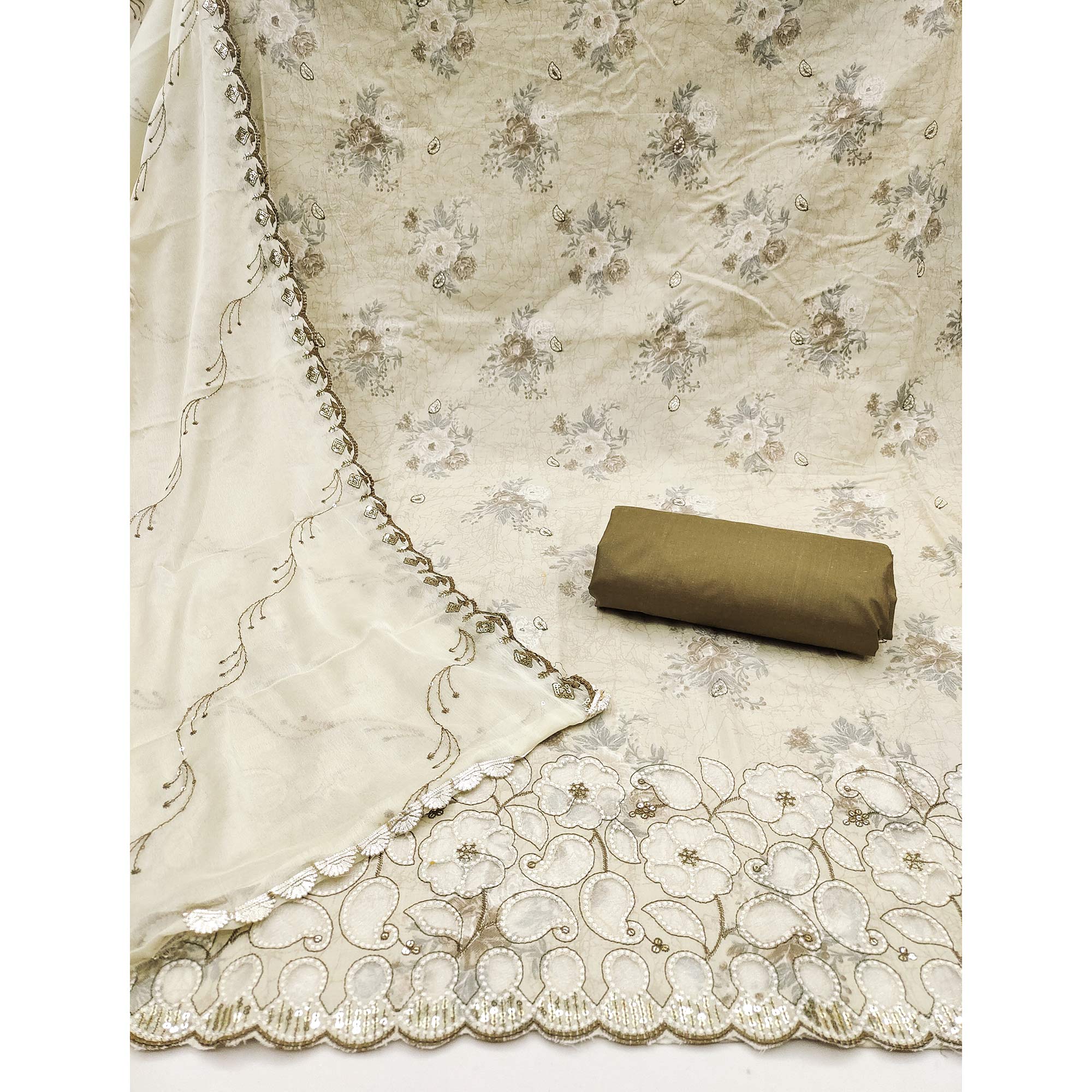 Mehendi Green Floral Cambric Cotton Dress Material With Elegant Embroidery Work