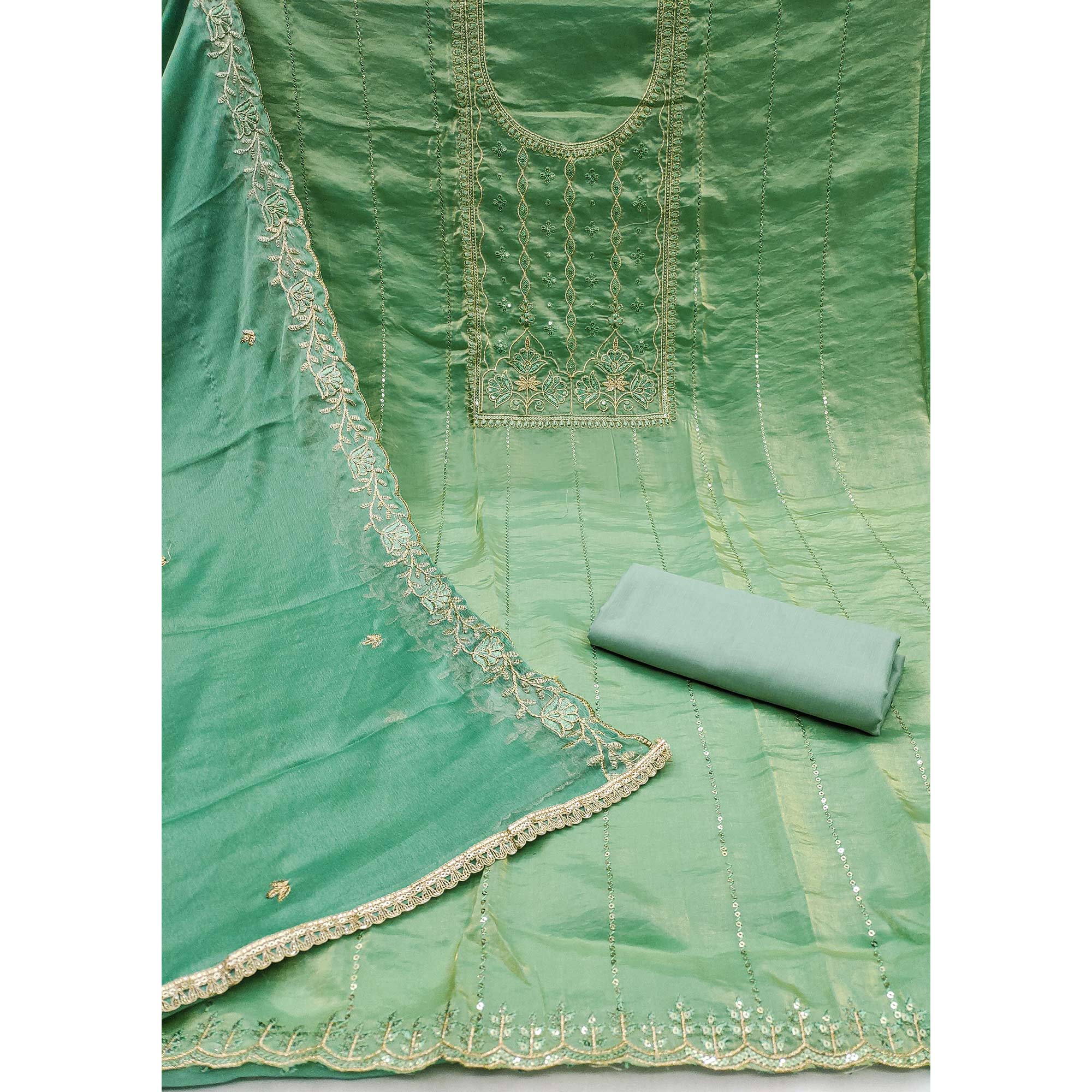 Green Floral Elegance With Sequins Embroidery On Viscose Satin Dress Material