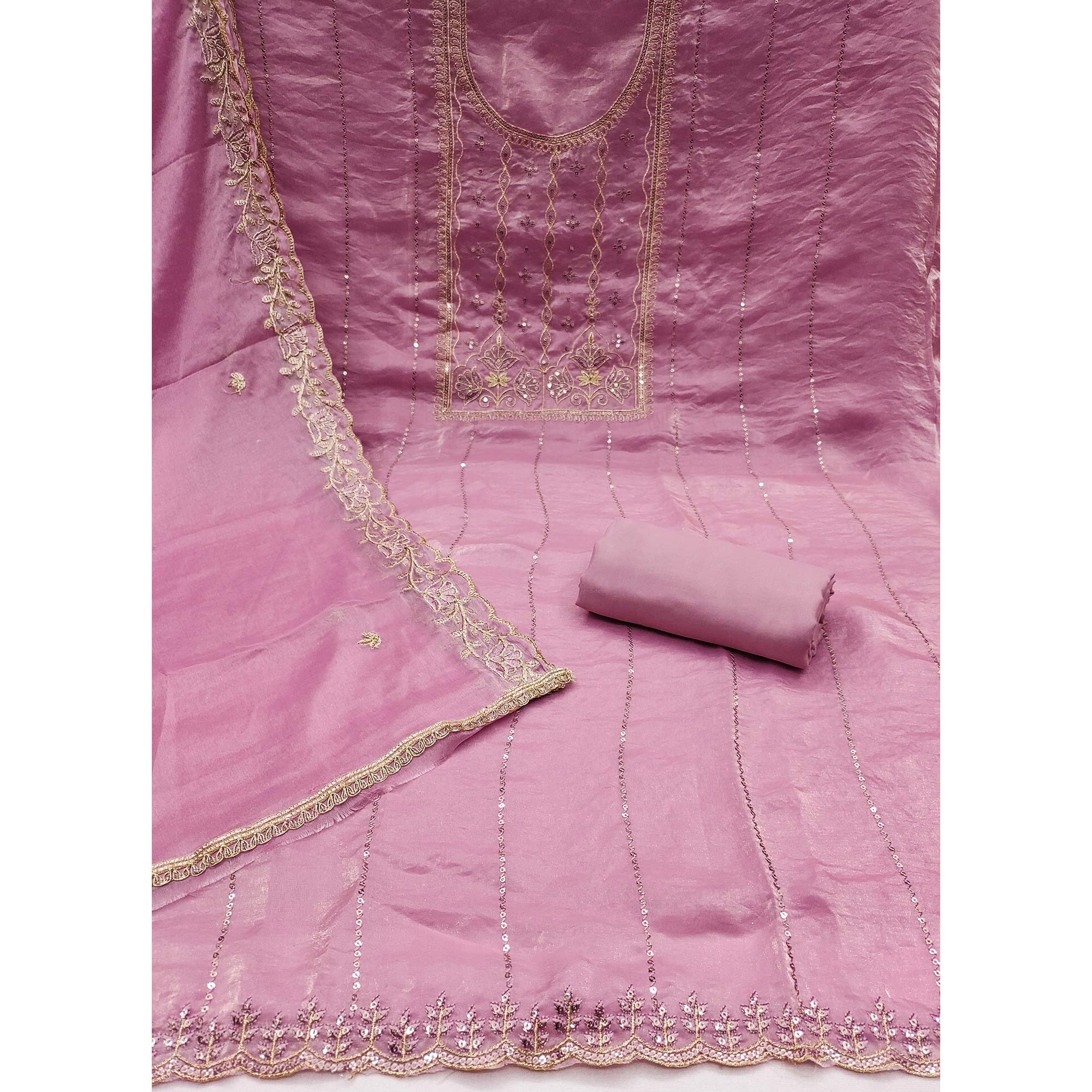 Light Purple Floral Elegance With Sequins Embroidery On Viscose Satin Dress Material