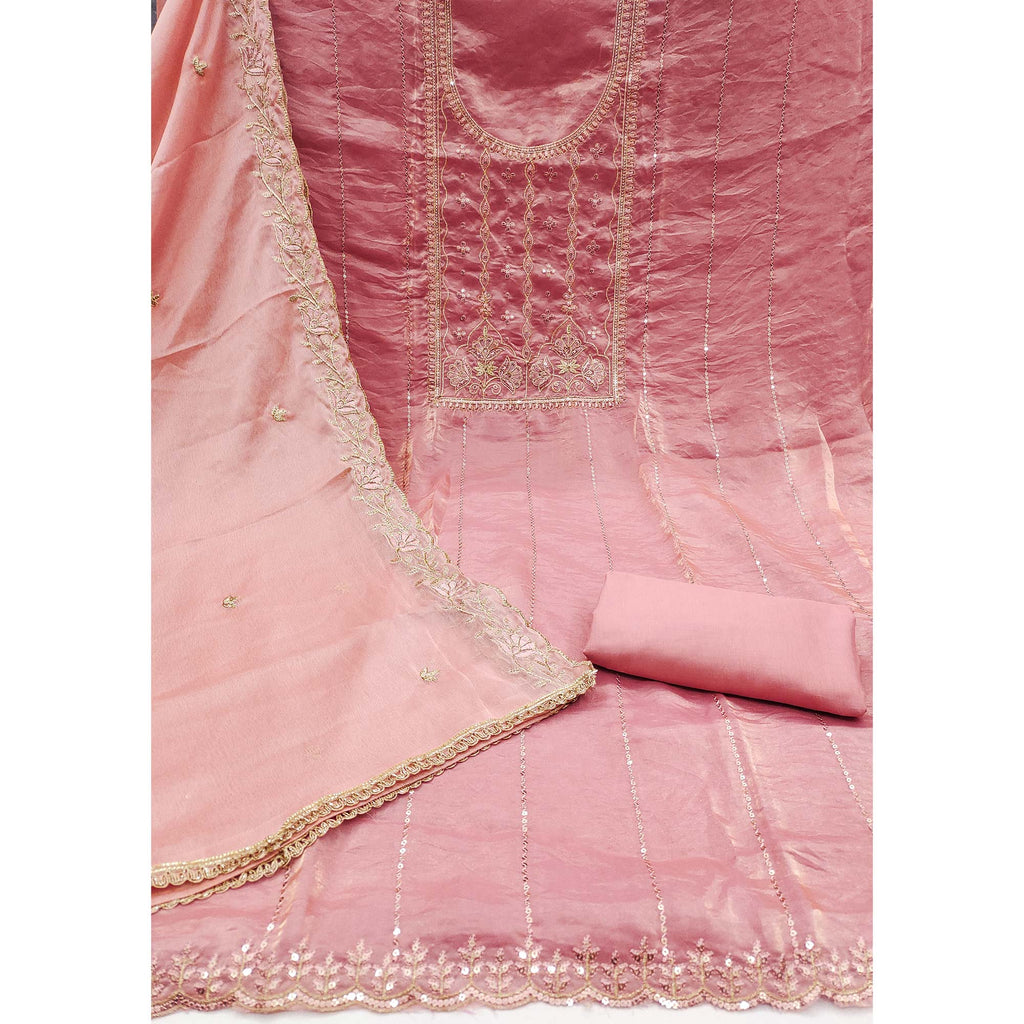 Peach Floral Elegance With Sequins Embroidery On Viscose Satin Dress Material