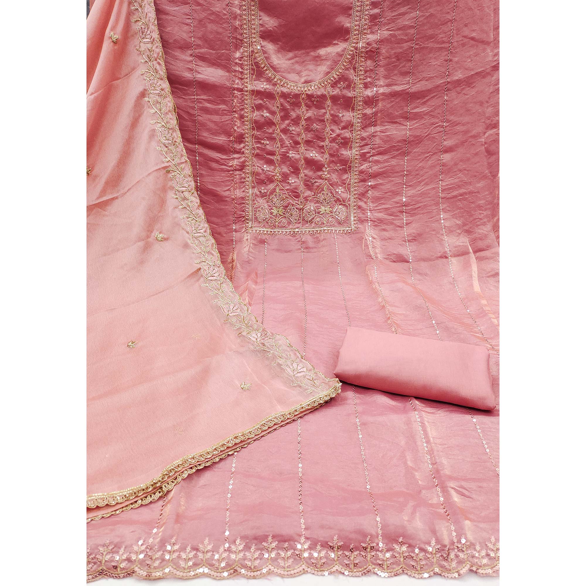 Peach Floral Elegance With Sequins Embroidery On Viscose Satin Dress Material