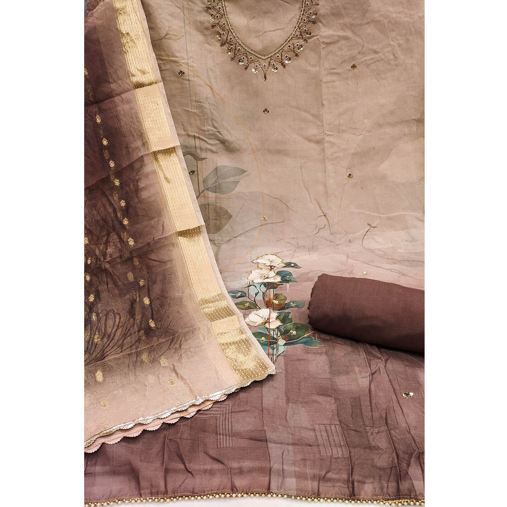 Brown Cambric Cotton Dress Material Adorned With Floral Prints & Hand Moti Embellishment