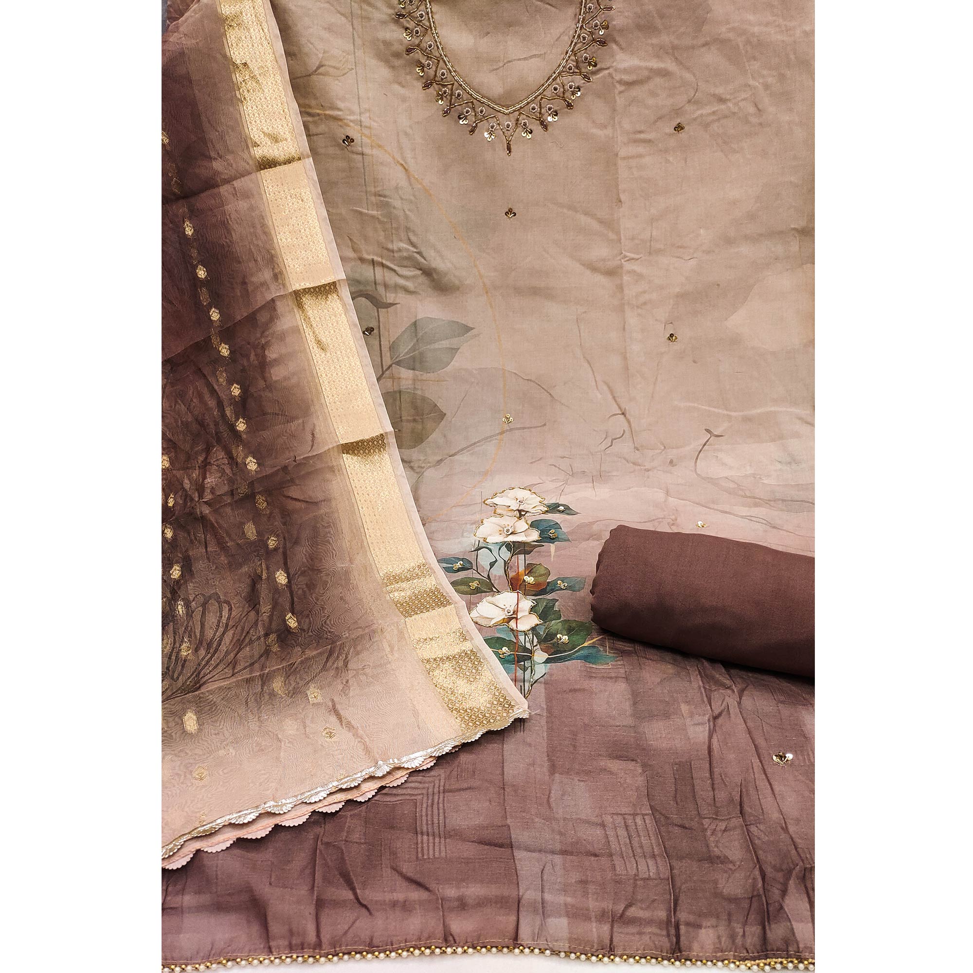 Brown Cambric Cotton Dress Material Adorned With Floral Prints & Hand Moti Embellishment