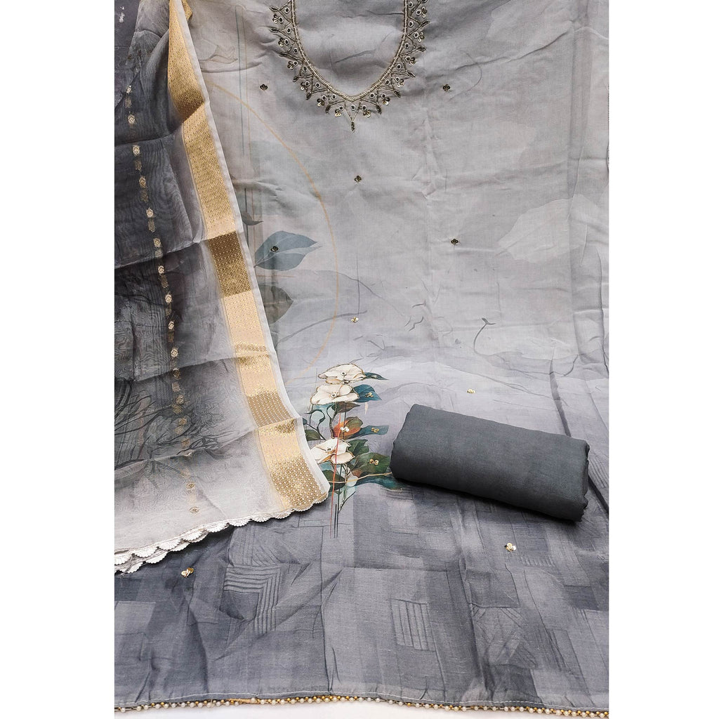 Grey Cambric Cotton Dress Material Adorned With Floral Prints & Hand Moti Embellishment