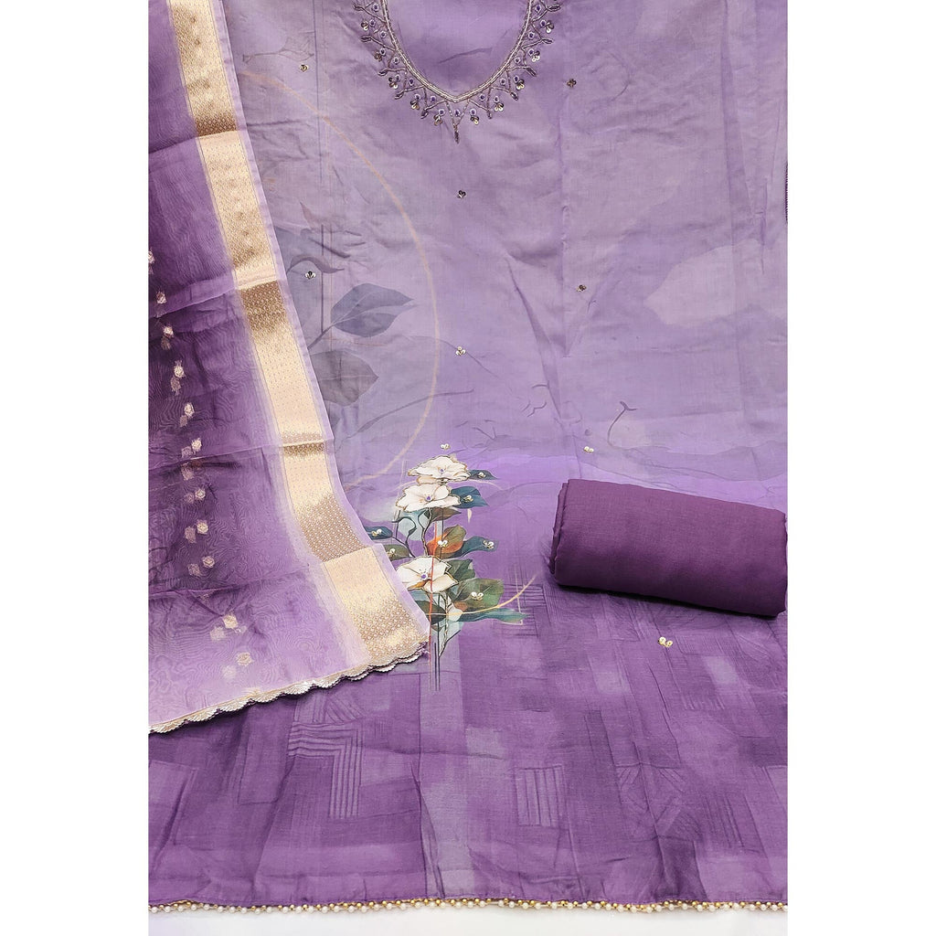 Lavender Cambric Cotton Dress Material Adorned With Floral Prints & Hand Moti Embellishment