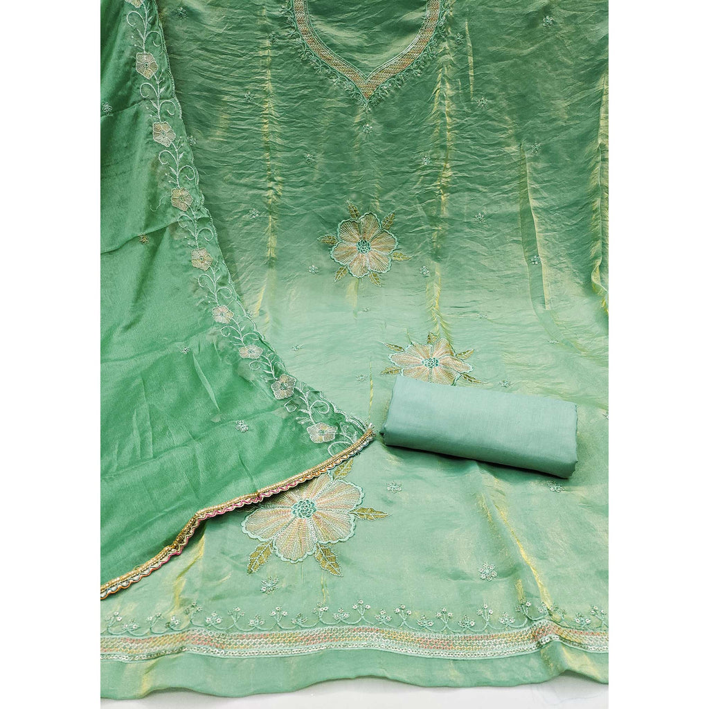 Green Ensemble With Floral Sequins Embroidery Detailing On Satin Viscose Dress Material