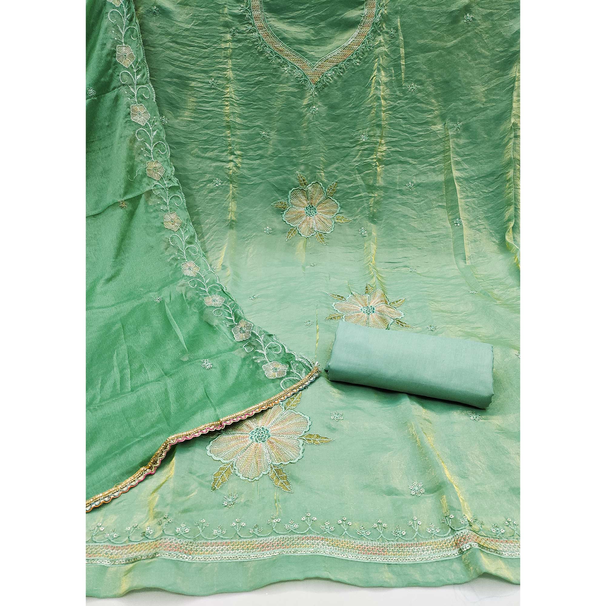 Green Ensemble With Floral Sequins Embroidery Detailing On Satin Viscose Dress Material