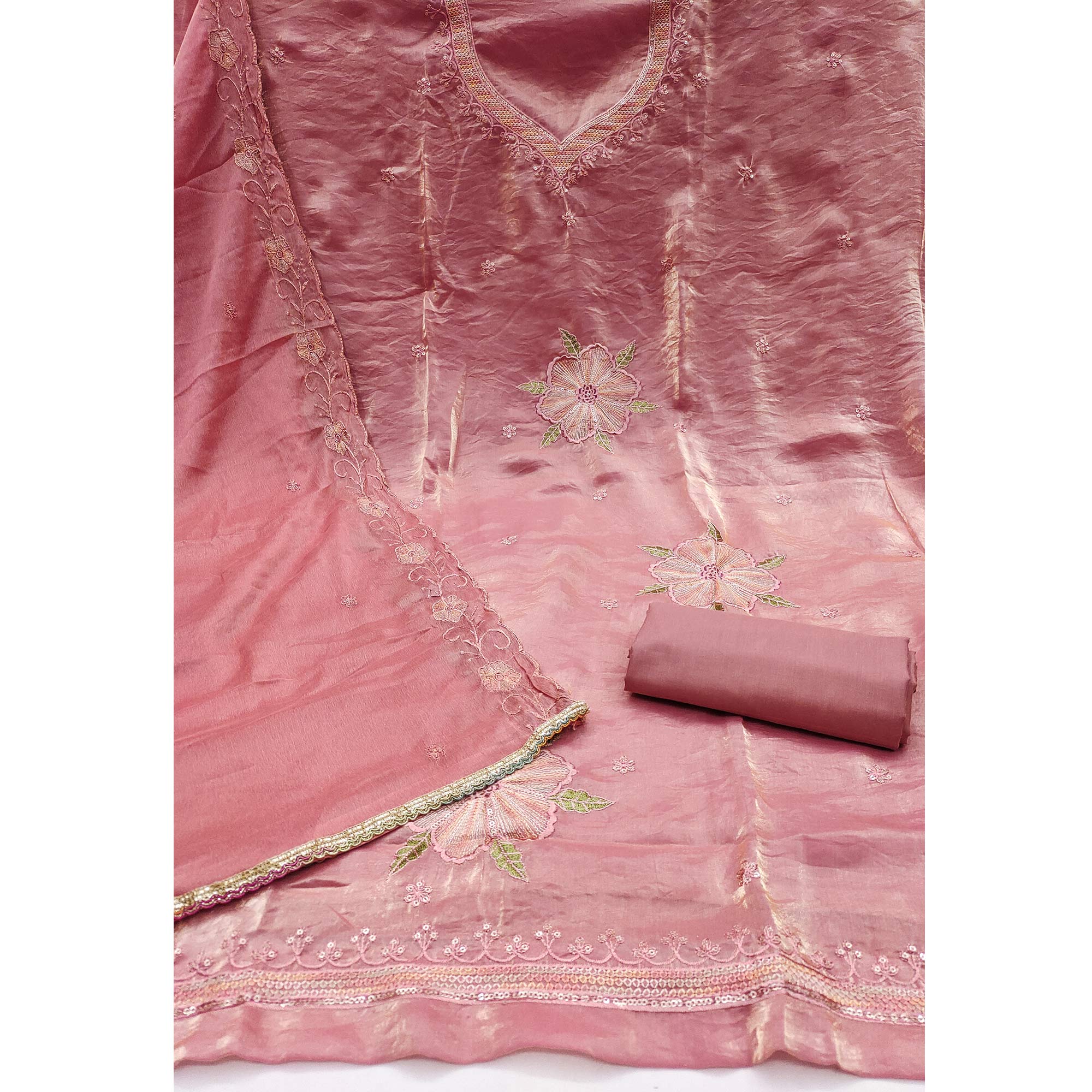 Peach Ensemble With Floral Sequins Embroidery Detailing On Satin Viscose Dress Material