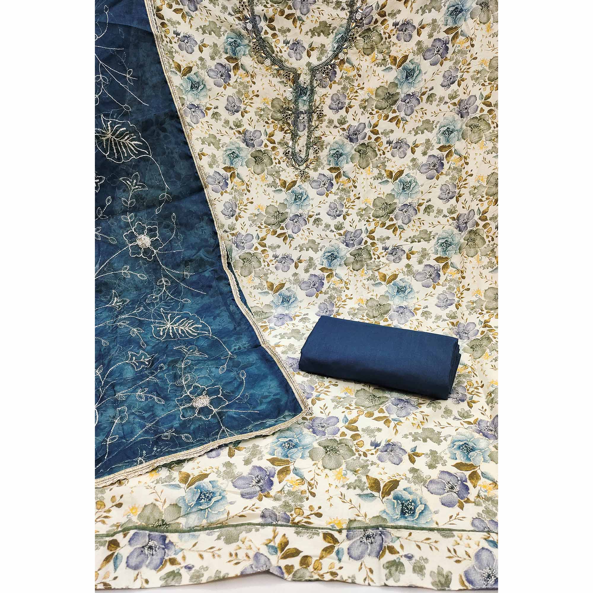 Blue Bloom Charm With Floral Print & Delicate Sequins & Moti Handwork Dress Material