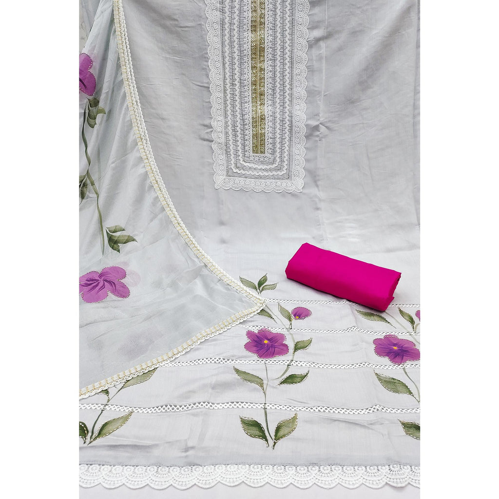 Grey Floral Printed With Intricate Handwork Embroidered Cotton Silk Dress Material