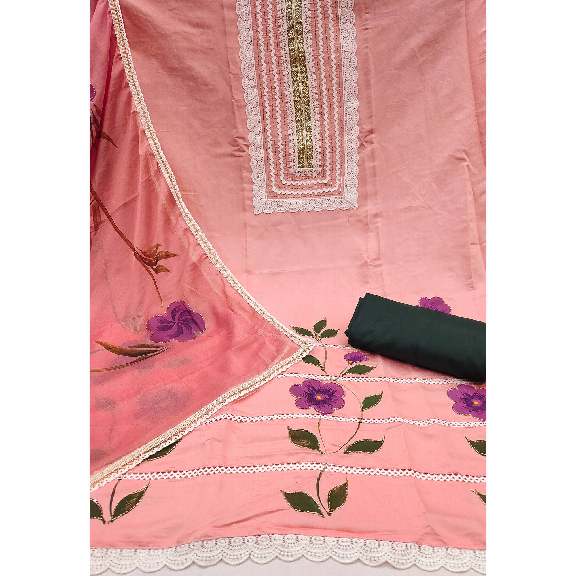 Peach Floral Printed With Intricate Handwork Embroidered Cotton Silk Dress Material