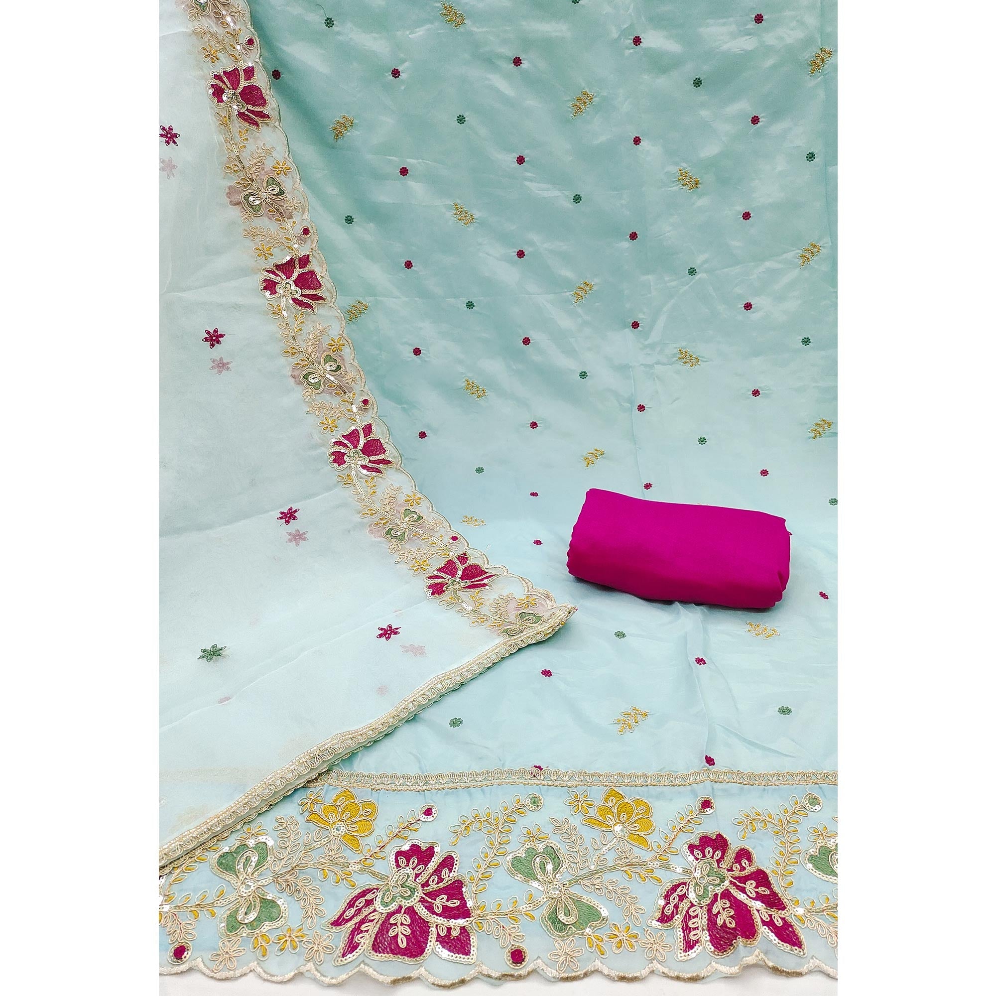 Blue Viscose Organza Dress Material Adorned with Cording & Sequin Embroidery Work