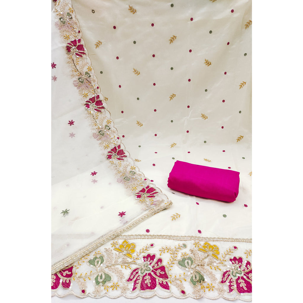 Offwhite Viscose Organza Dress Material Adorned with Cording & Sequin Embroidery Work