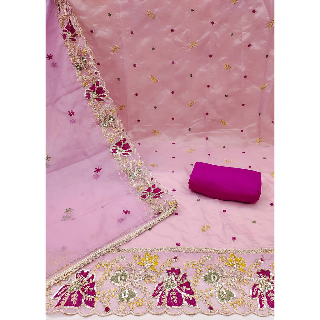 Pink Viscose Organza Dress Material Adorned with Cording & Sequin Embroidery Work