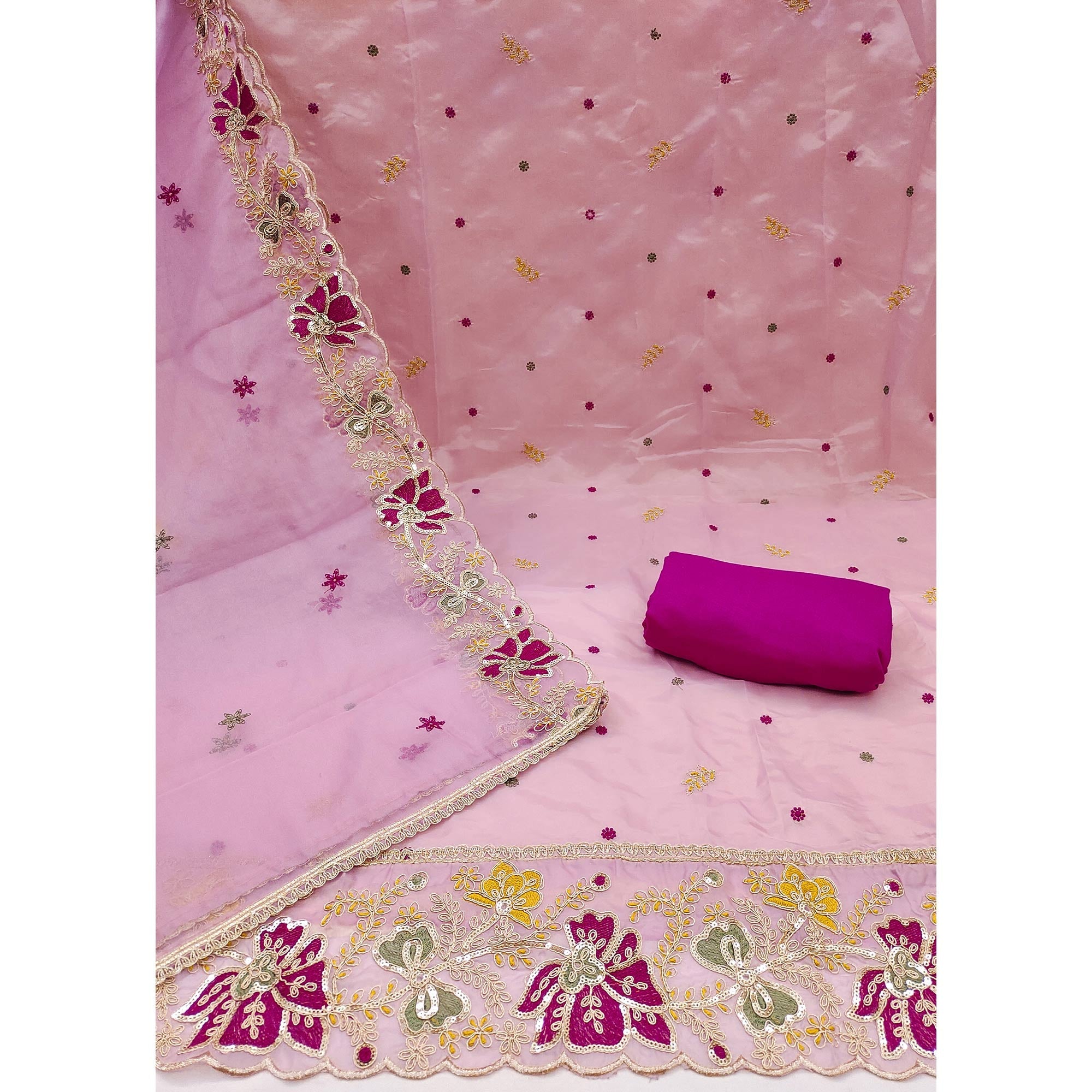 Pink Viscose Organza Dress Material Adorned with Cording & Sequin Embroidery Work