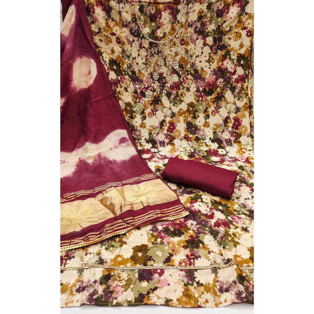 Maroon Pure Cotton Printed Dress Material Beautified With Moti & Sequins Hand Embellishment