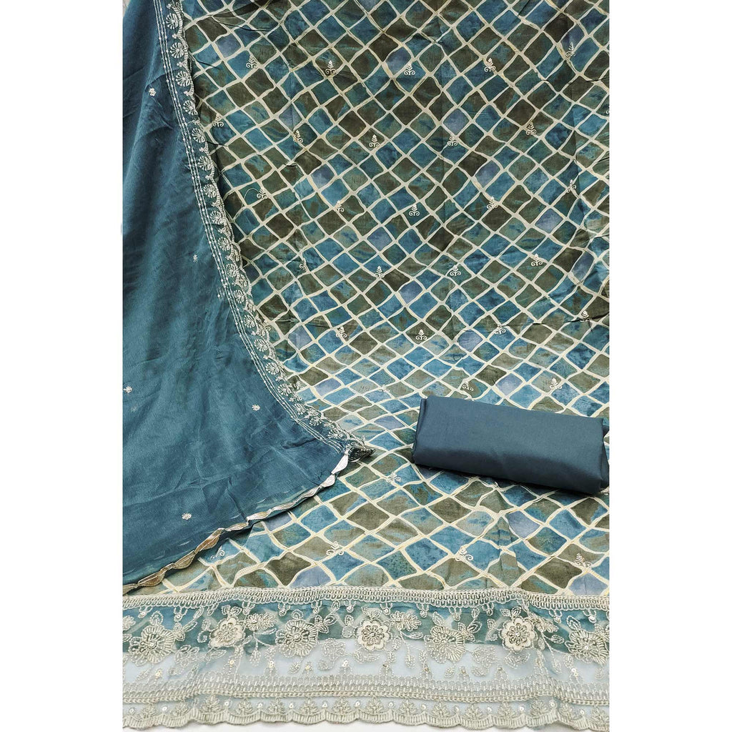 Blue Printed Dress Material In Pure Cotton With Intricate Sequins Embroidery Work