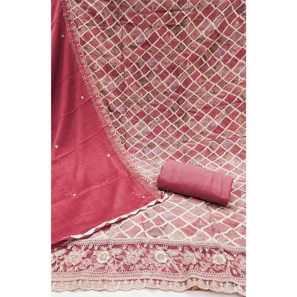 Pink Printed Dress Material In Pure Cotton With Intricate Sequins Embroidery Work