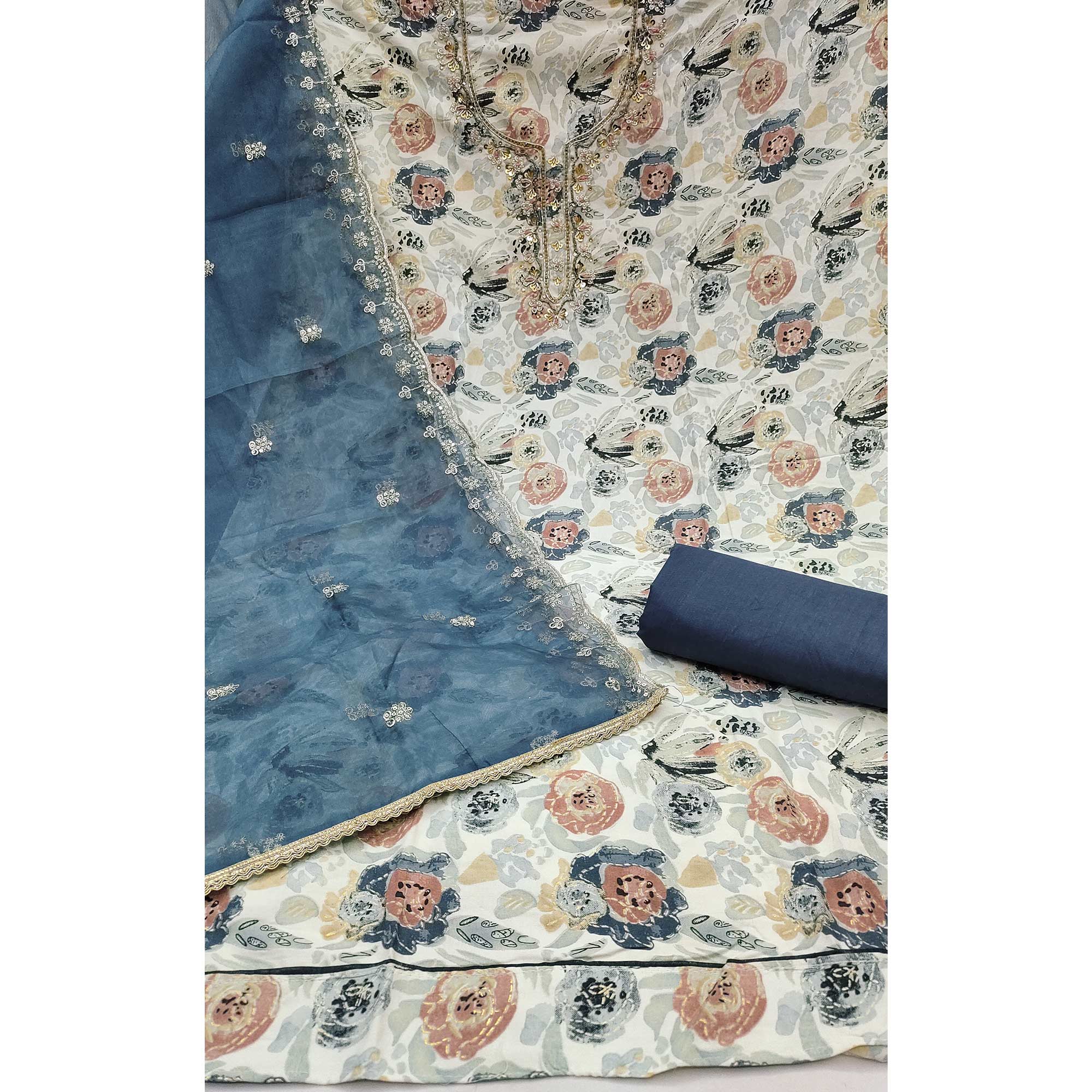 Blue Printed Blue Pure Cotton Dress Material Enhanced With Moti & Hand Embroidered Sequins