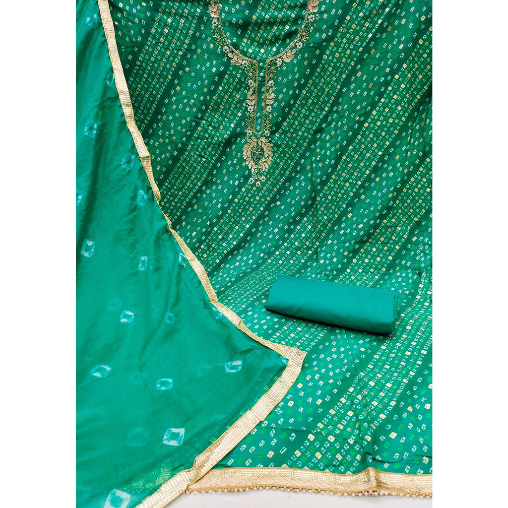 Green Bandhani Printed Pure Cotton Dress Material With Intricate Moti & Gota Patti Handwork