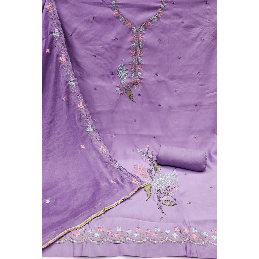 Lavender Dress Material In Cotton Silk With Floral Embroidery & Sequin Accents