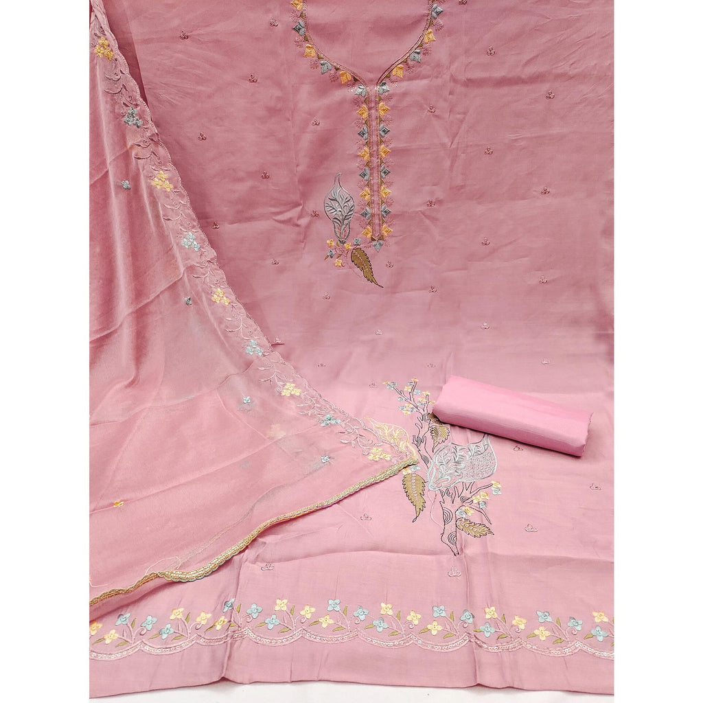 Peach Dress Material In Cotton Silk With Floral Embroidery & Sequin Accents