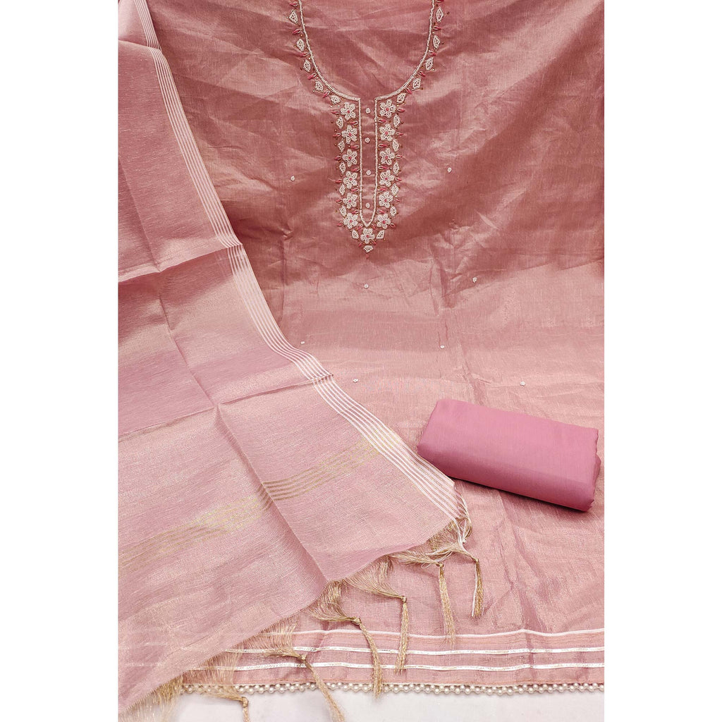 Dusty Rose Pink Shimmer Cotton  Pure Cotton Dress Material With Intricate Moti & Stones Handwork