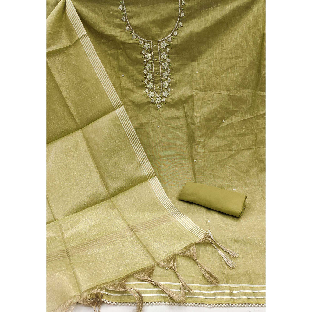 Green Shimmer Cotton  Pure Cotton Dress Material With Intricate Moti & Stones Handwork