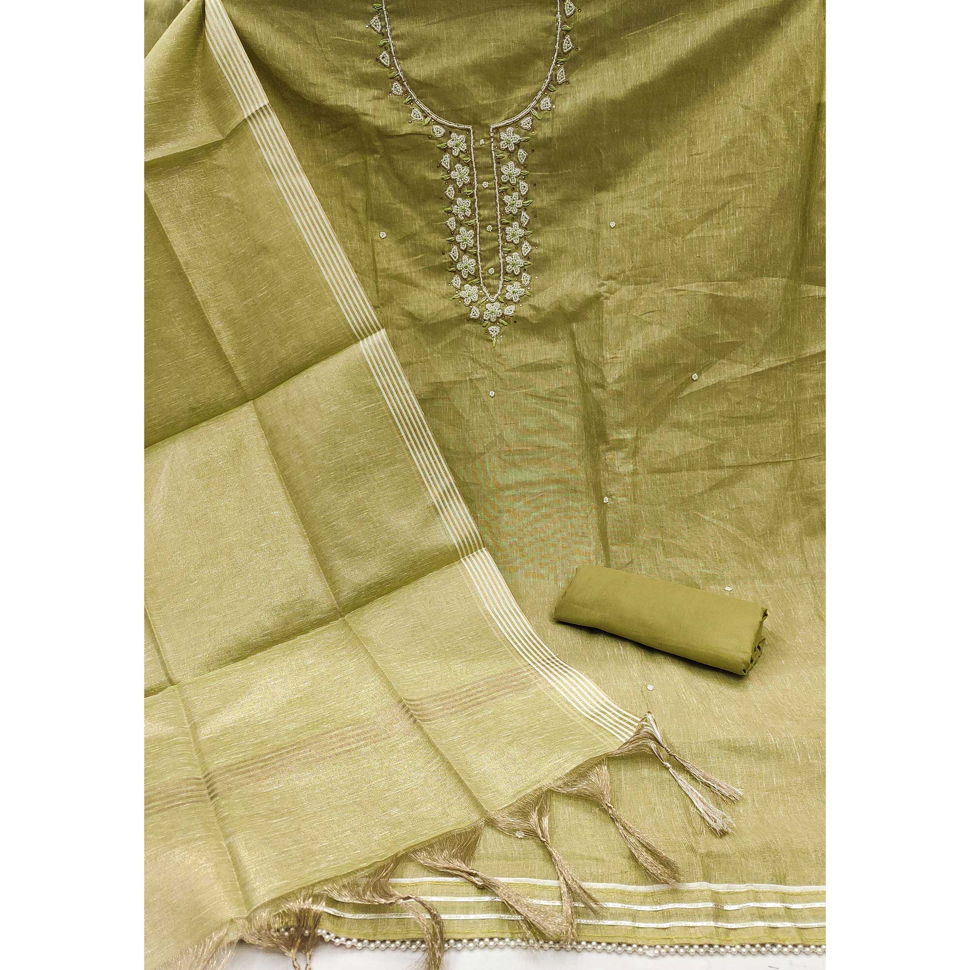 Green Shimmer Cotton  Pure Cotton Dress Material With Intricate Moti & Stones Handwork