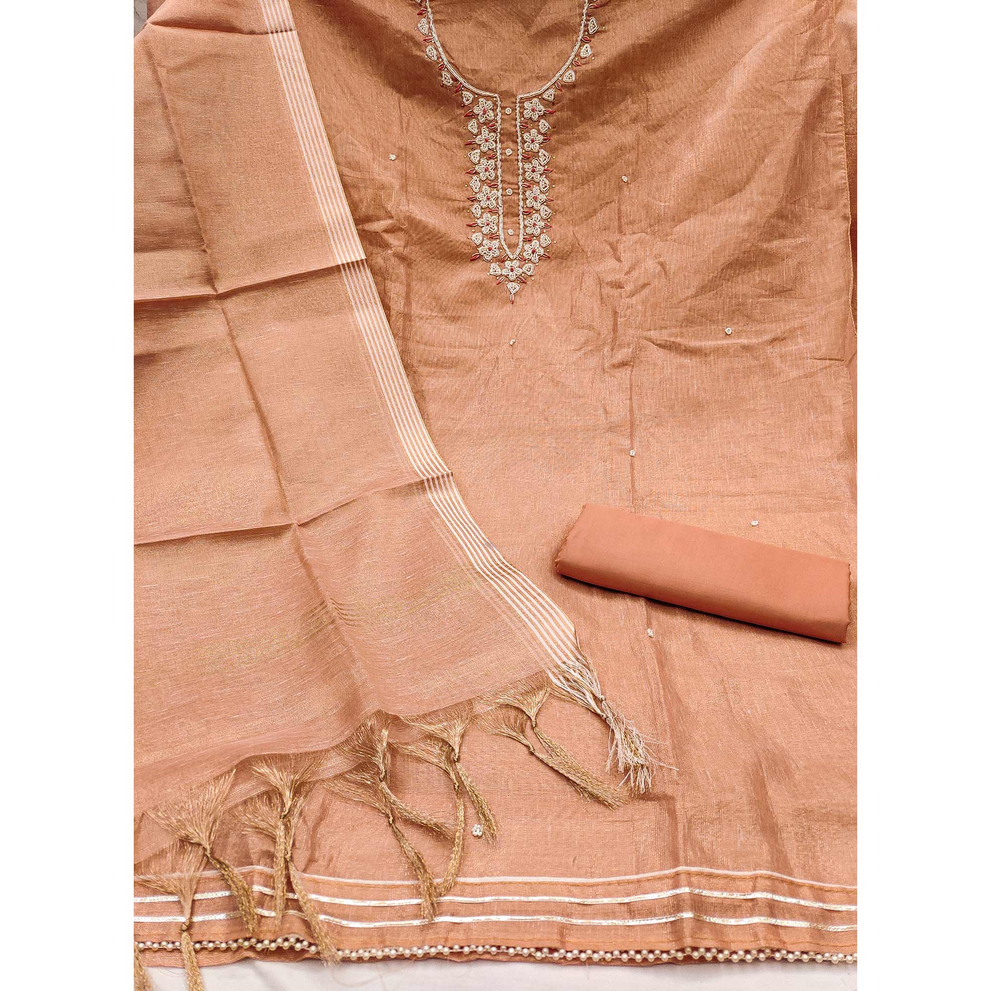 Peach Shimmer Cotton  Pure Cotton Dress Material With Intricate Moti & Stones Handwork