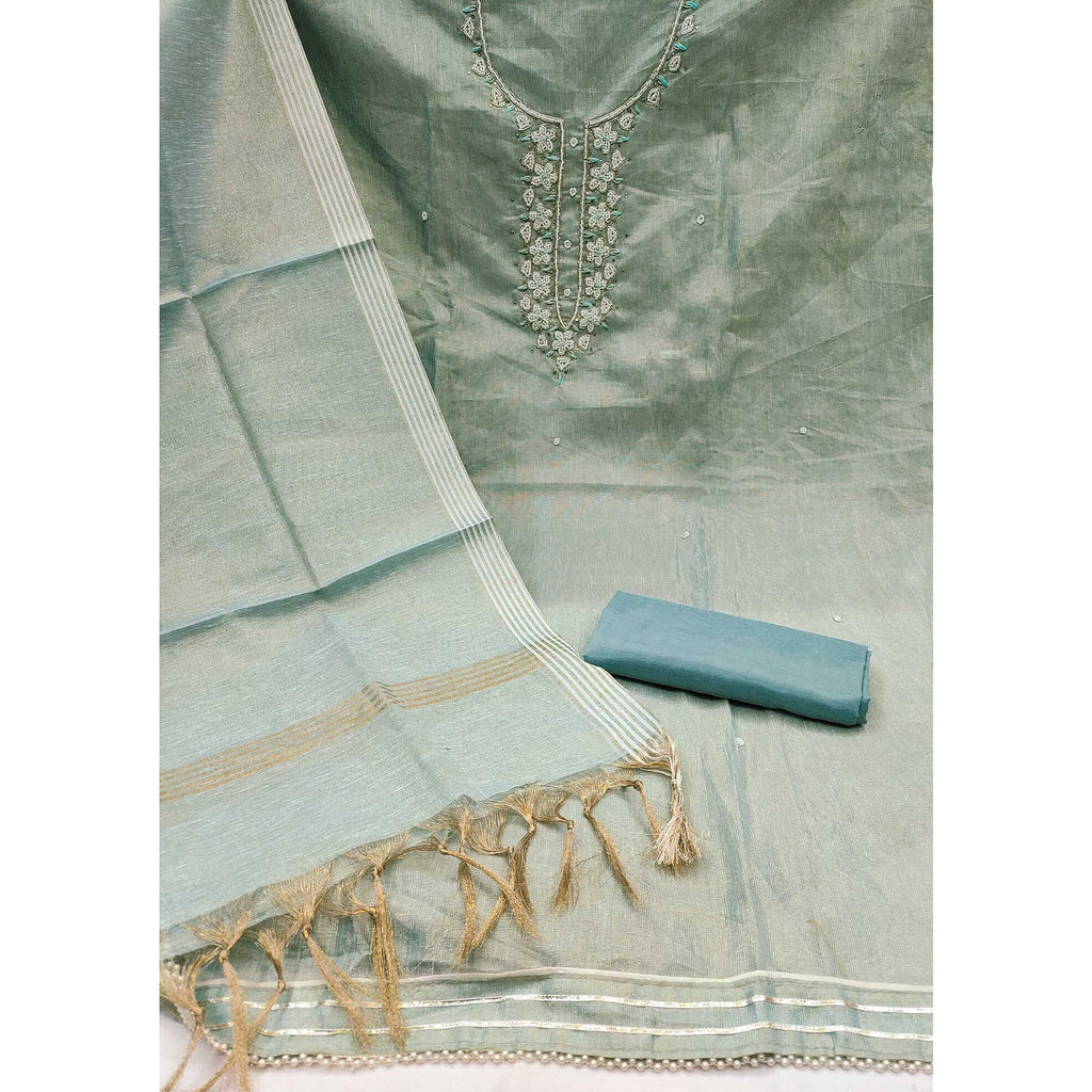 Pastel Sea Green Shimmer Cotton  Pure Cotton Dress Material With Intricate Moti & Stones Handwork