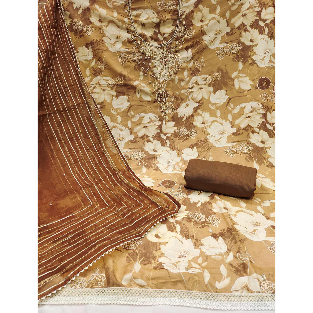 Brown Floral Printed With Intricate Moti & Sequins Handwork Cotton Silk Dress Material
