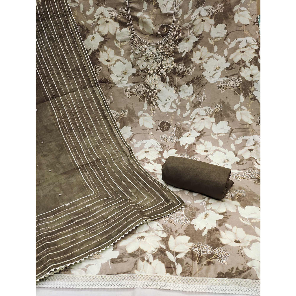 Grey Floral Printed With Intricate Moti & Sequins Handwork Cotton Silk Dress Material