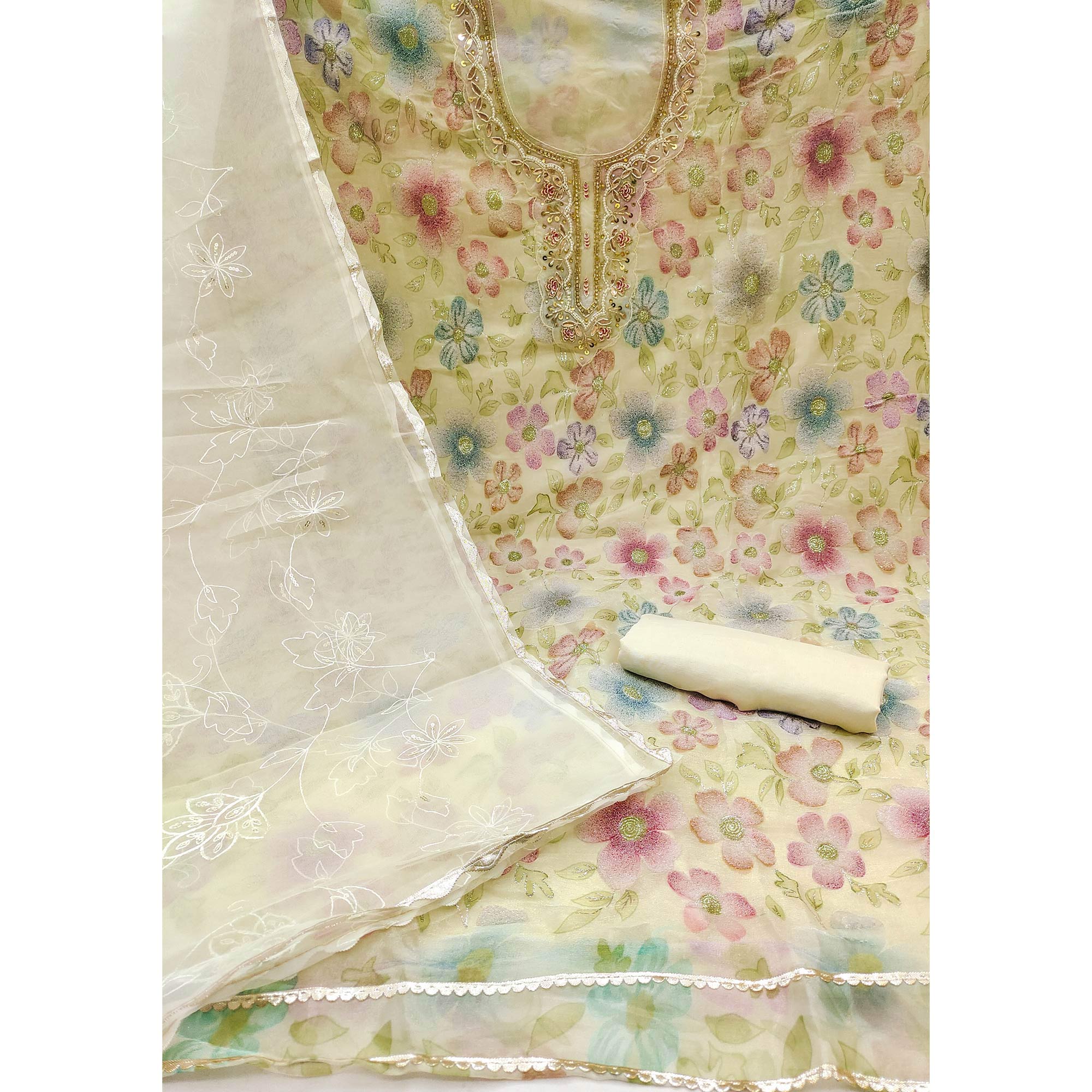 Light Yellow Delight Floral Printed With Moti & Sequins Handwork Viscose Dress Material
