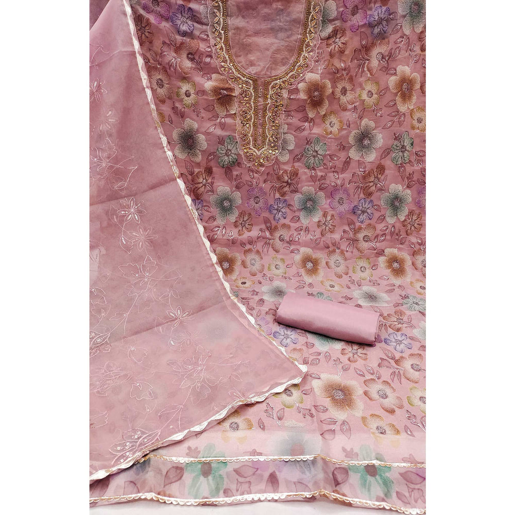 Peach Delight Floral Printed With Moti & Sequins Handwork Viscose Dress Material