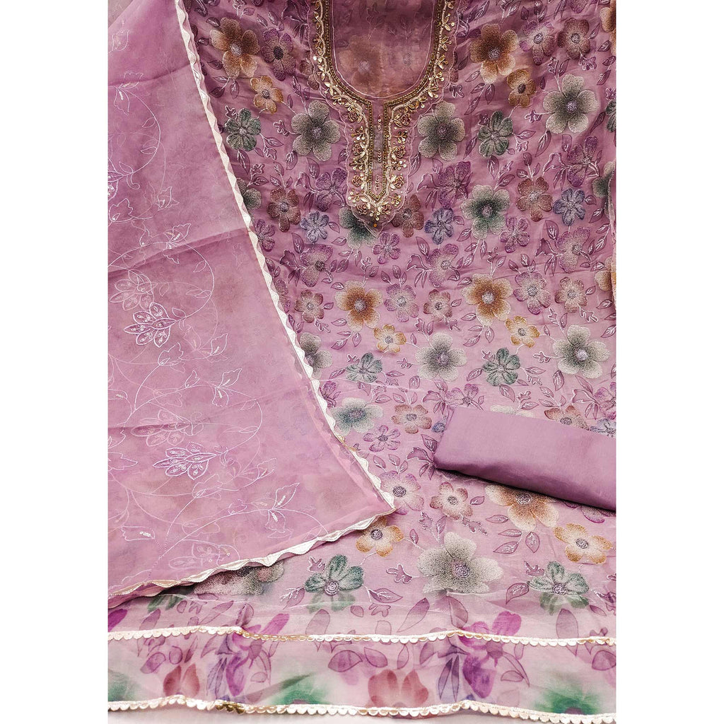 Pink Delight Floral Printed With Moti & Sequins Handwork Viscose Dress Material