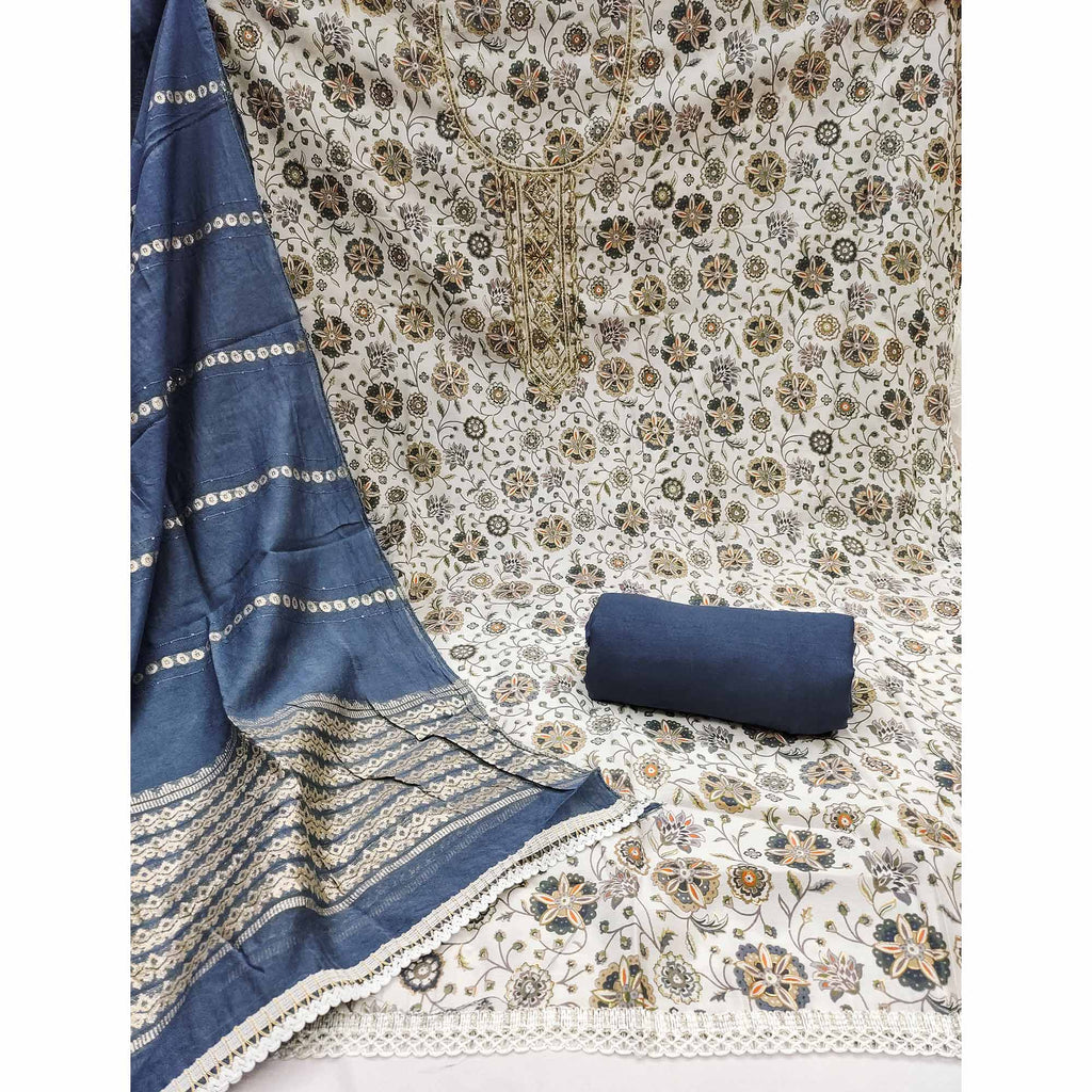 Grey Floral Printed Roman Cotton Silk Dress Material With Intricate Moti & Sequins Handwork