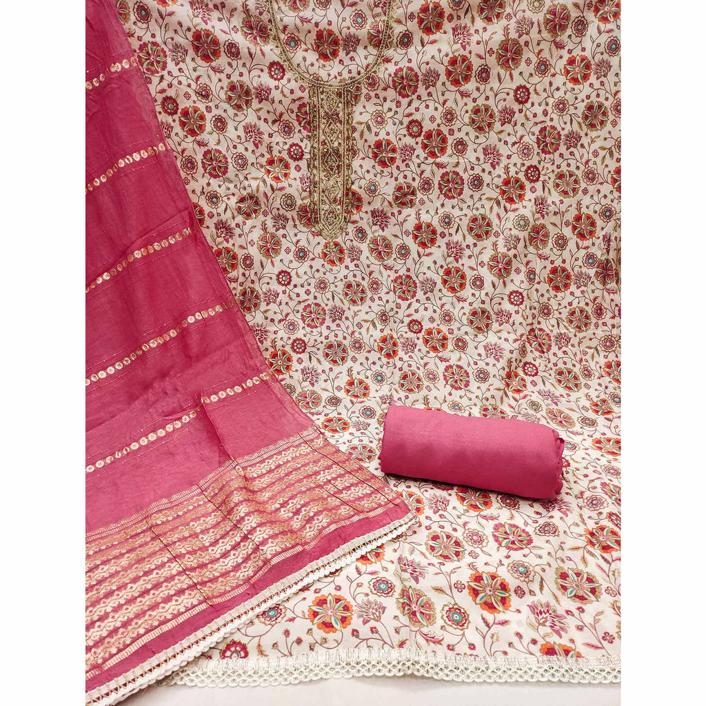 Pink Floral Printed Roman Cotton Silk Dress Material With Intricate Moti & Sequins Handwork