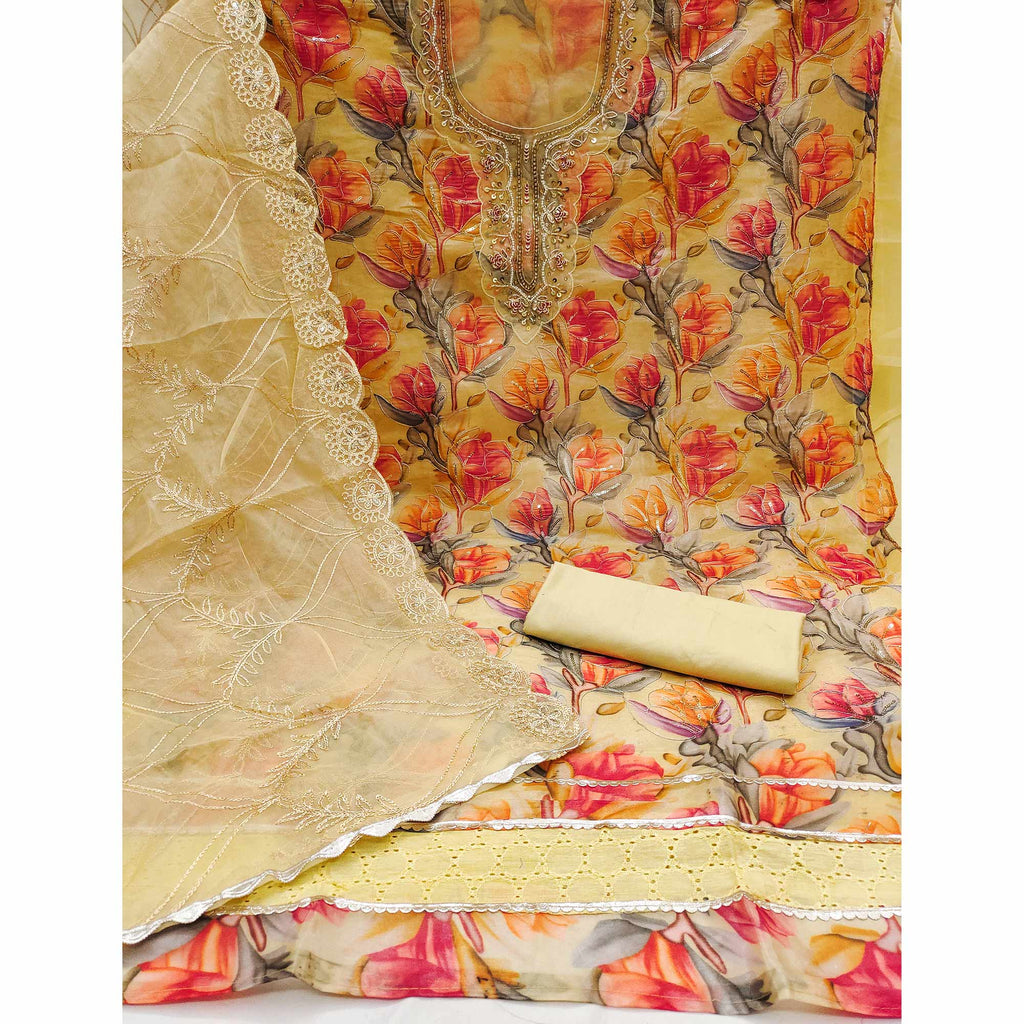 Chikoo Bloom Charm With Floral Print & Delicate Sequins & Moti Handwork Dress Material