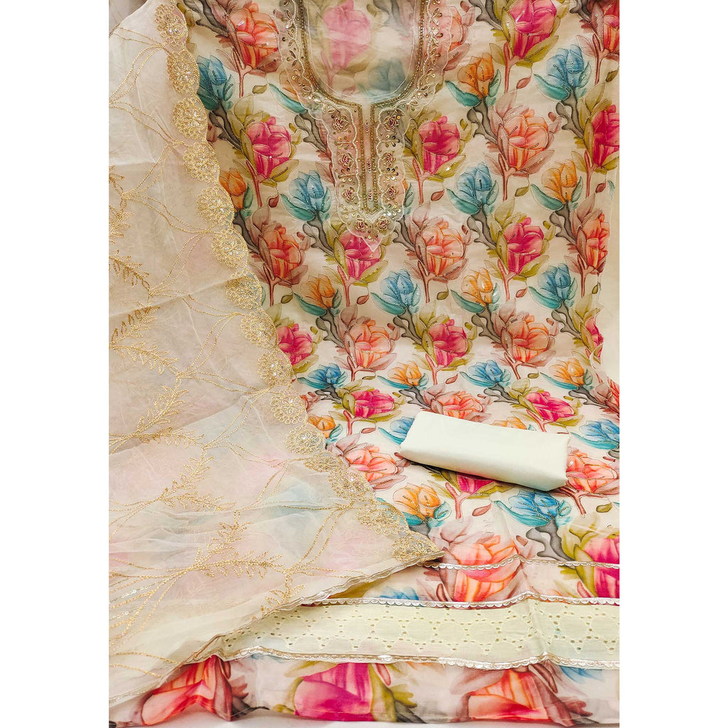 Offwhite Bloom Charm With Floral Print & Delicate Sequins & Moti Handwork Dress Material