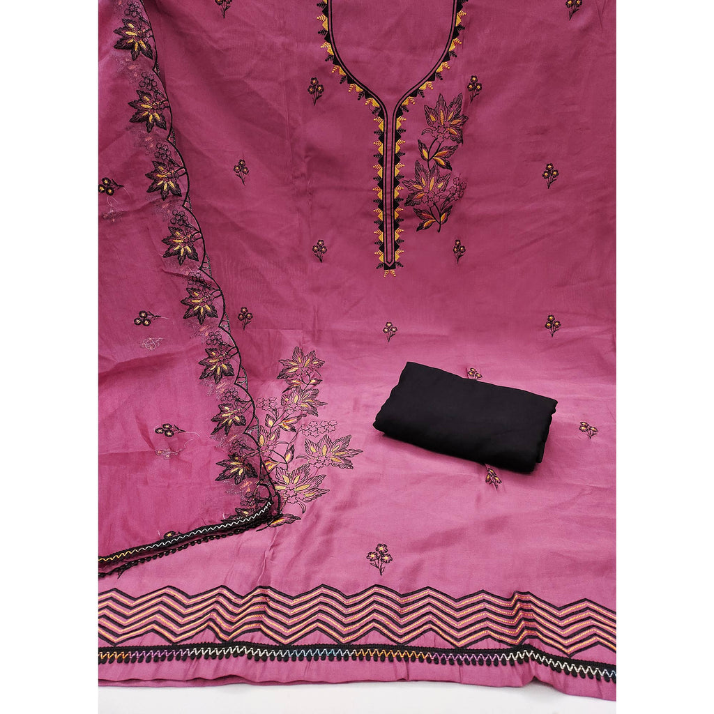 Pink Cotton Silk Dress Material With Intricate Floral Thread Embroidery