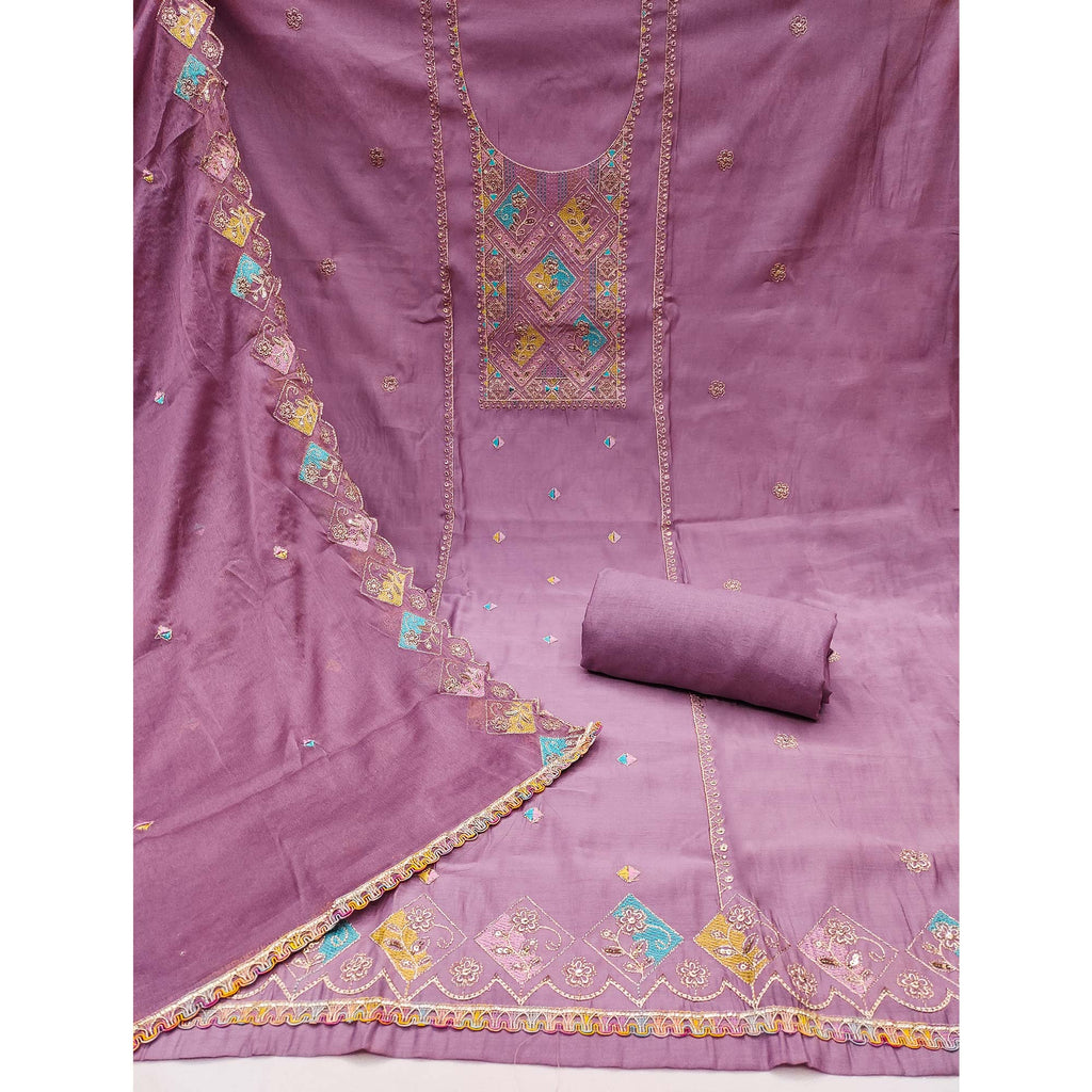 Dusty Mauve Floral Embroidered Cotton Silk Dress Material With Glimmering Sequins Work