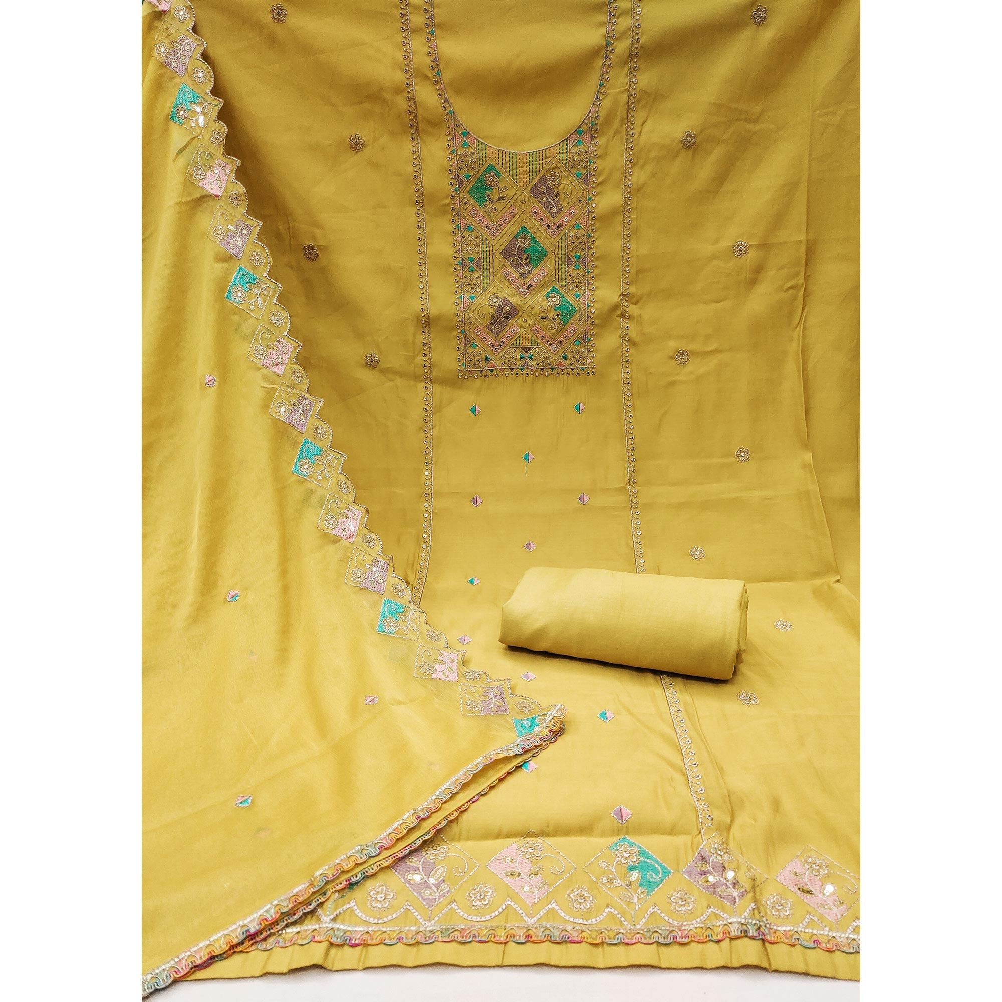 Mustard Floral Embroidered Cotton Silk Dress Material With Glimmering Sequins Work